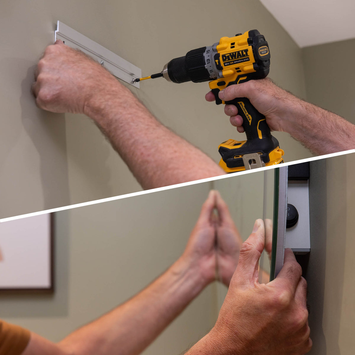 Battery operated LED mirror hanging on a two-screw wall bracket
