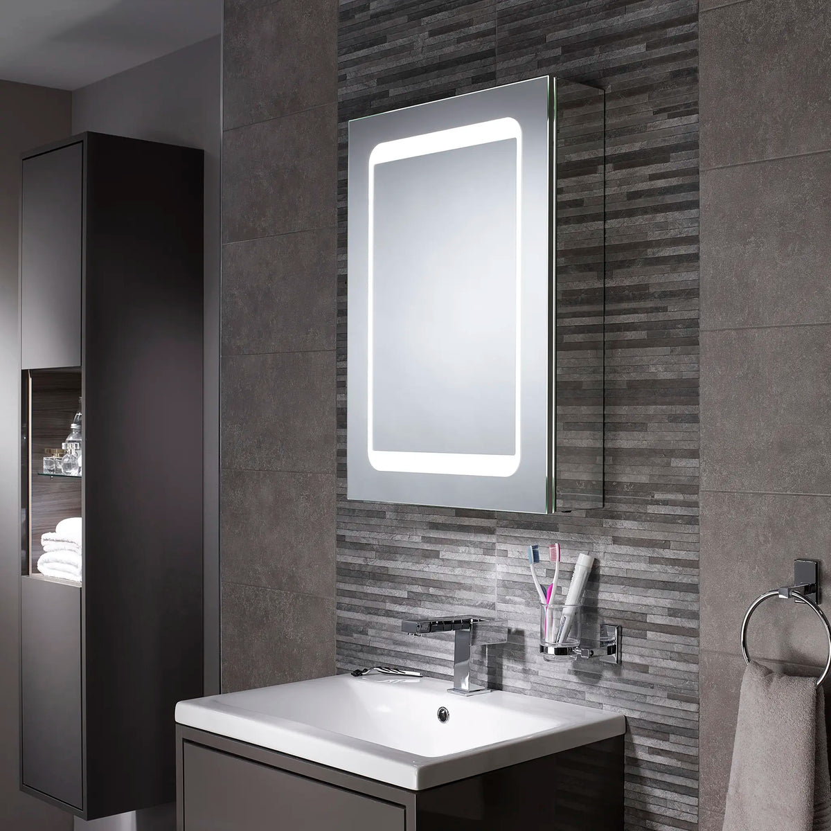 Belle LED mirror cabinet above a bathroom basin