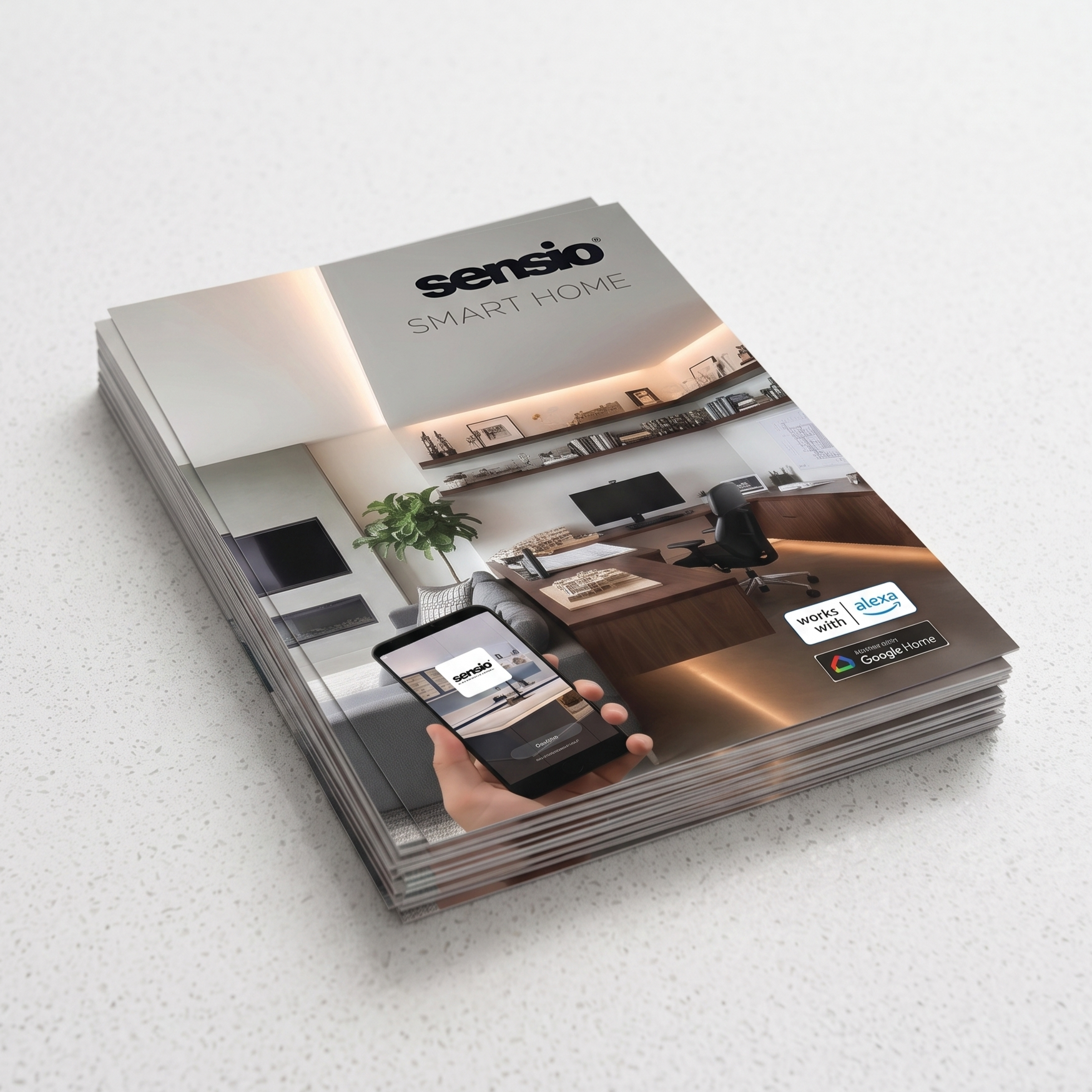 A stack of Sensio Smart Home brochures or manuals lying on a light speckled countertop. The top brochure features a modern office interior photo, a hand holding a smartphone displaying the Sensio app, and compatibility badges for Matter, Apple HomeKit, and Google Home on the lower right.
