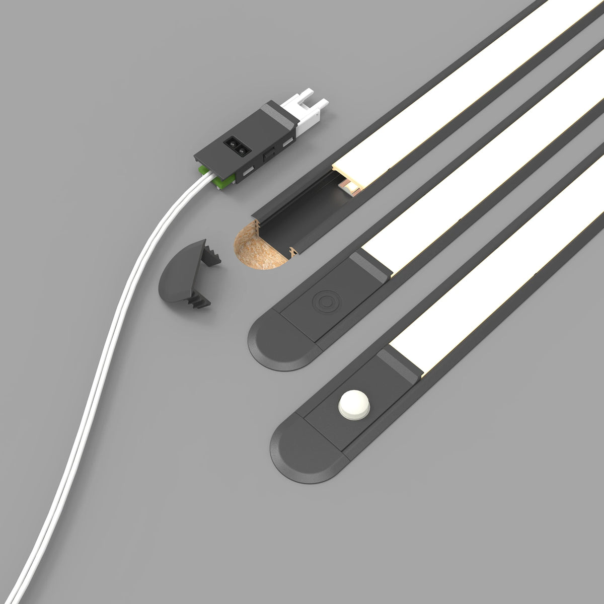 A clean studio rendering of a linear LED light strip kit with its components laid out on a gray background, including the light bar, connector, clip, and control button. #Finish_Black