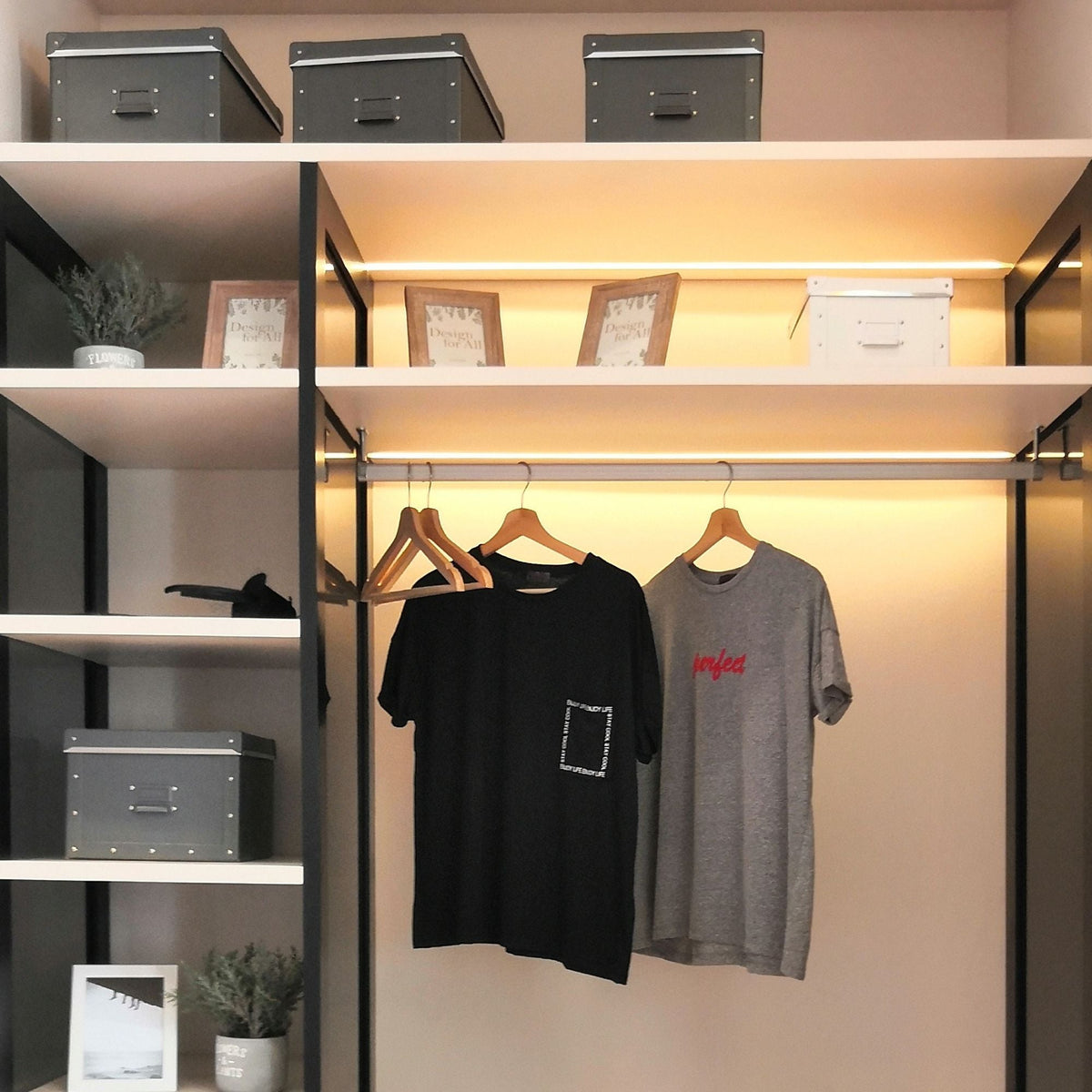 Bedroom with LED profile lighting in fitted wardrobes
