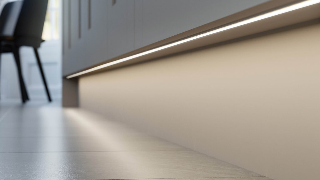 LED strip in an aluminium LED profile under a kitchen worktop