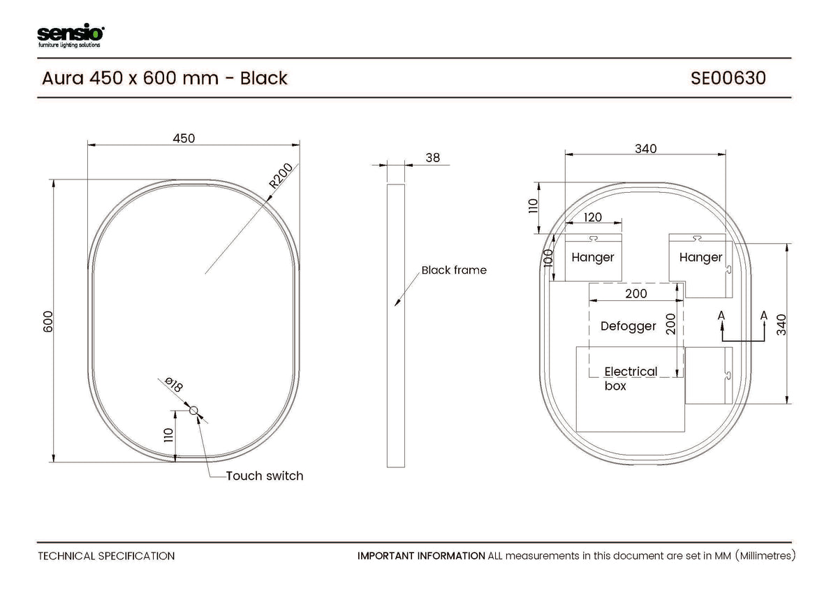 Technical drawing for Aura Soft Rectangle