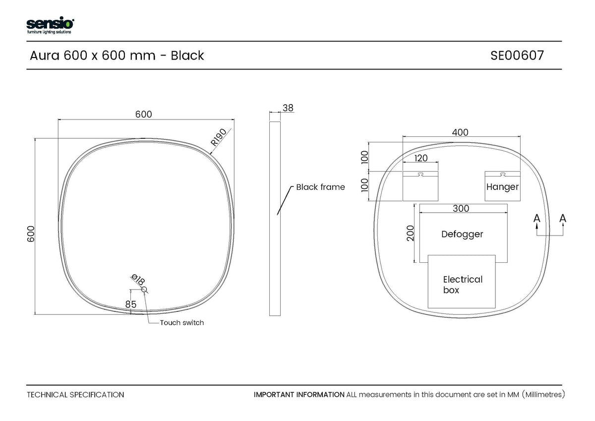 Technical drawing for Aura Soft Square