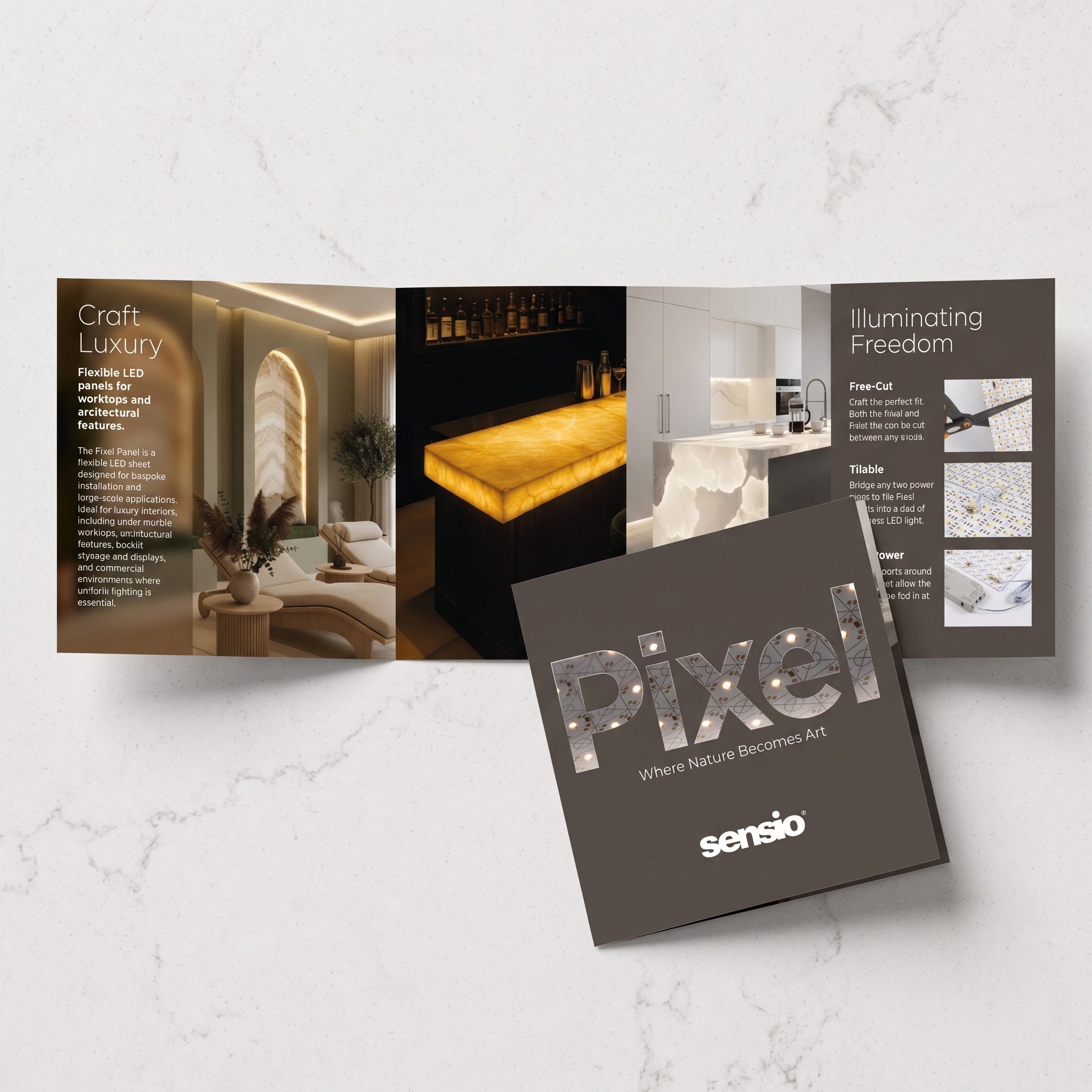 A tri-fold brochure and a small square card for Sensio Pixel, featuring luxury interior design imagery and product text, arranged on a light marble surface.