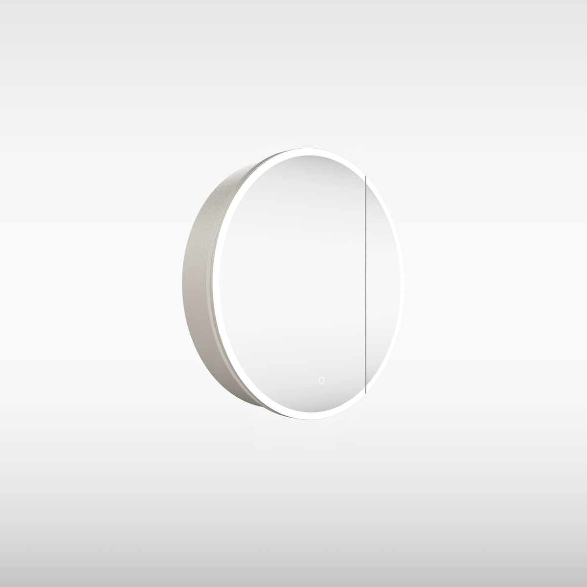A minimalist, round wall-mounted mirror with a slim white frame and a subtle circular LED light ring, shown against a clean, light gray gradient background.