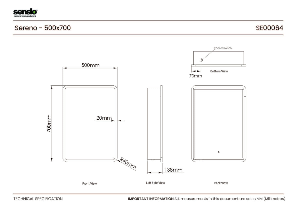 Sereno Battery Operated LED Mirror Cabinet, 500mm x 700mm