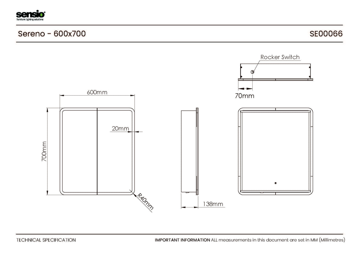 Sereno Battery Operated LED Mirror Cabinet, 600mm x 700mm