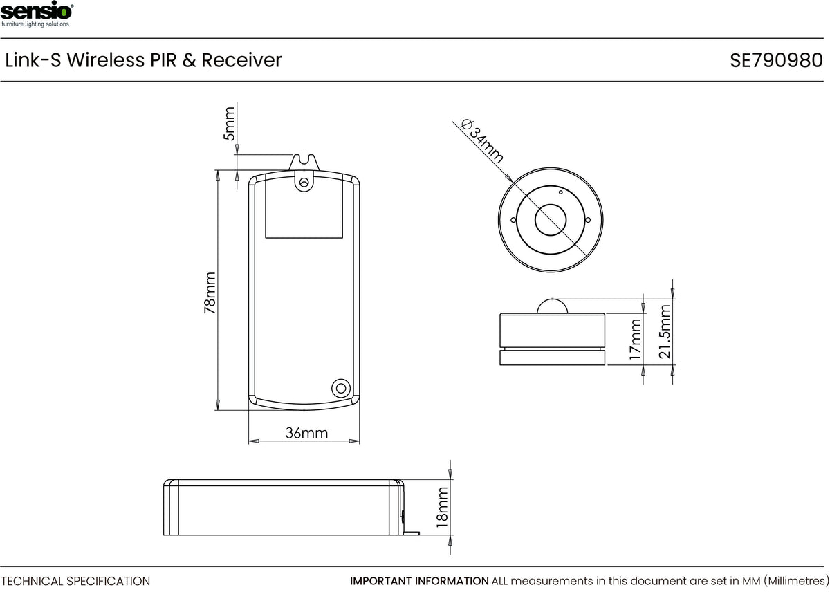 Technical drawing for Link-S™ Wireless PIR & Receiver